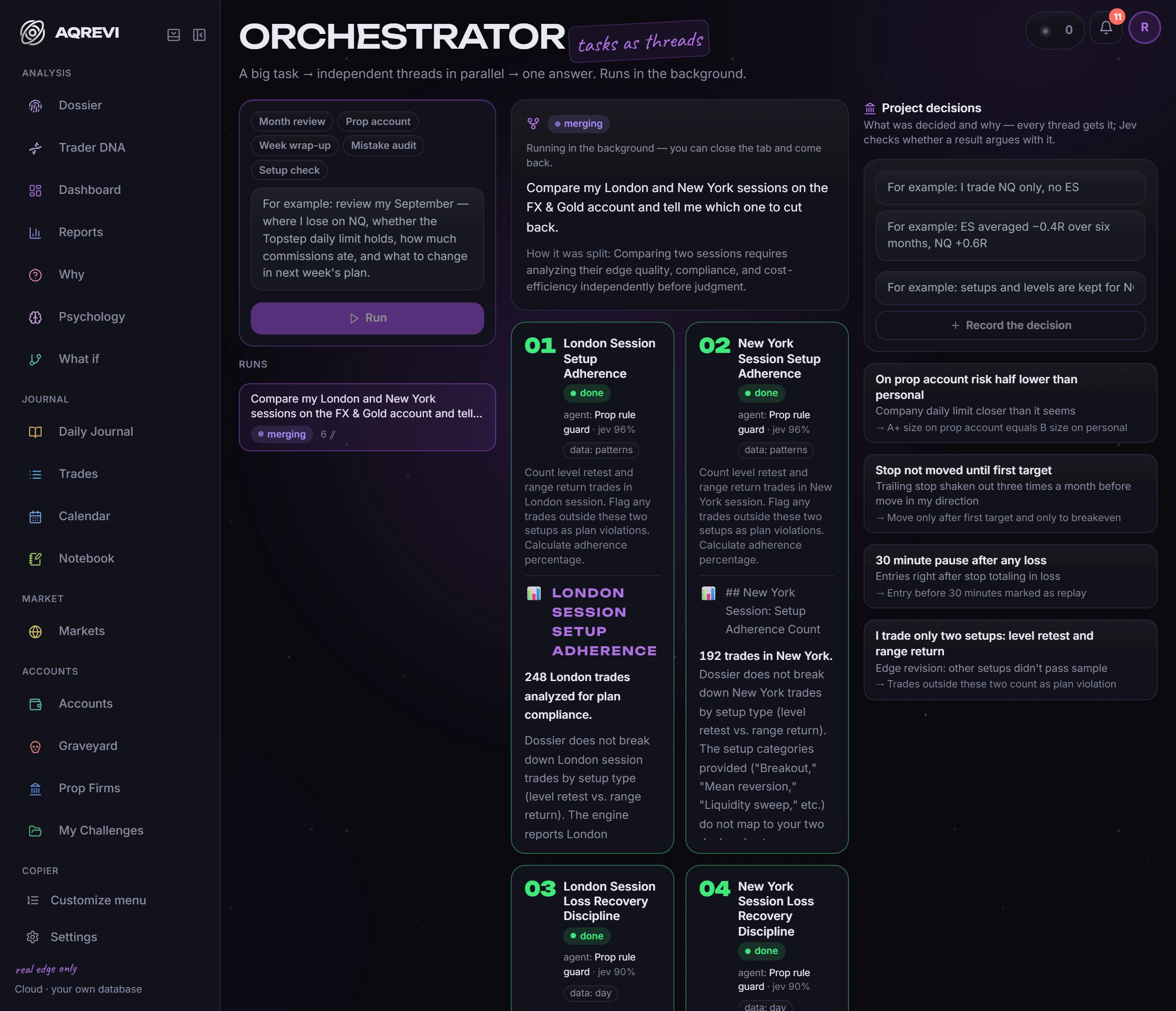 Orchestrator: A big task splits into parallel threads and merges into one answer with project decisions.