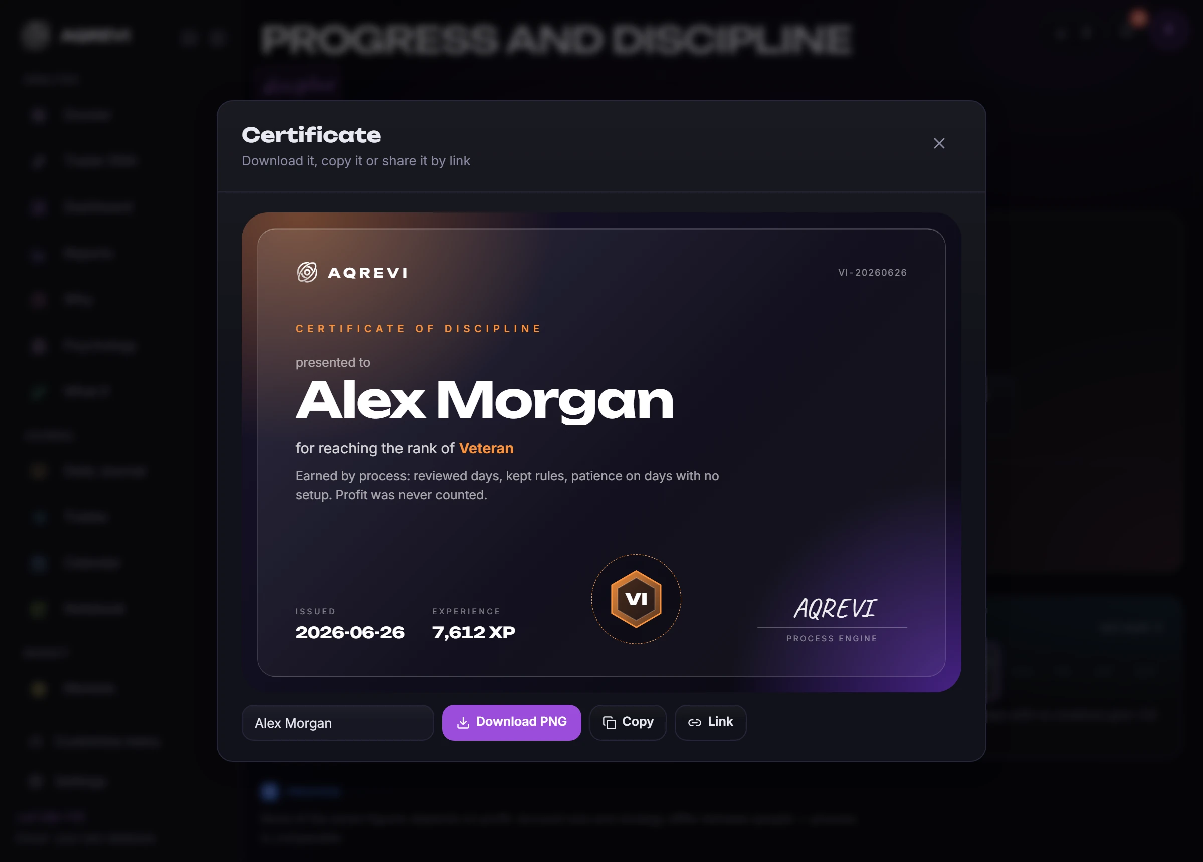 Rank certificate: A card for every rank you reach, with the date and XP earned: download it, copy it or share it by link.