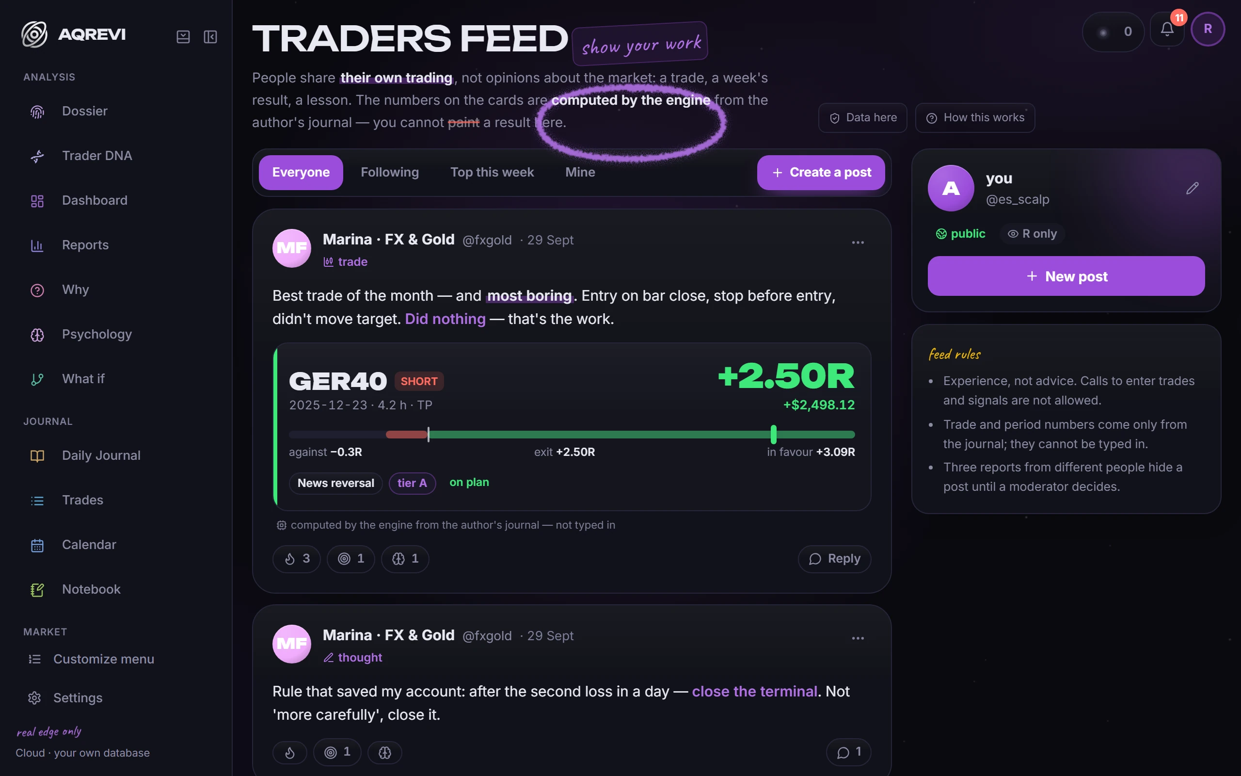 Traders feed: Trades and weekly results from other traders; the engine computes the numbers from the author's journal.